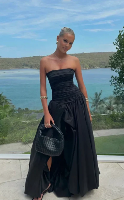 A-Line Elegant Black Strapless Long Prom Dresses With Split