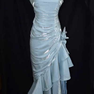 Spaghetti strap sky blue asymmetrical hem long evening dress 