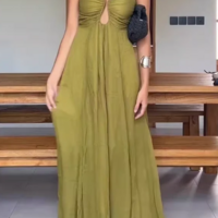 Elegant Straps Olive Green Chiffon Evening Dresses - Thumbnail 1