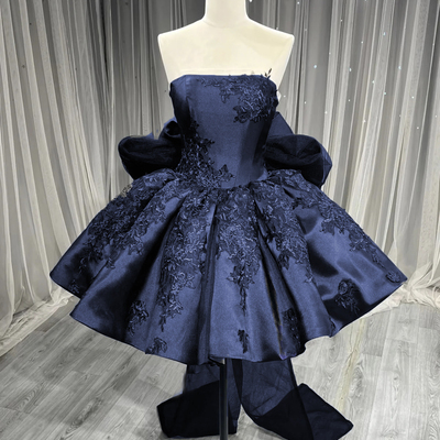 Navy satin lace short a-line prom party dress