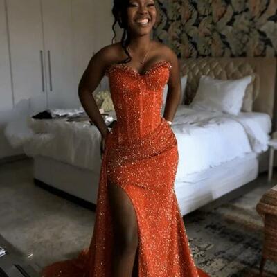 Sequins lace mermaid orange african girls prom dresses evening formal party dress