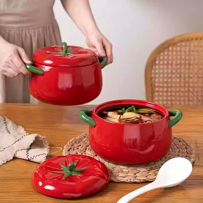 Whimsical tomato ceramic casserole bowl