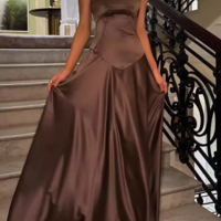 Spaghetti Strap Coffee Satin Long Evening Dresses With Lace Up Back - Thumbnail 1
