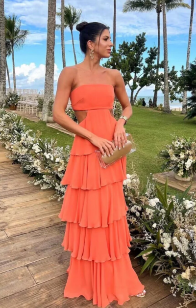 Strapless A Line Orange Satin Layered Long Prom Dresses