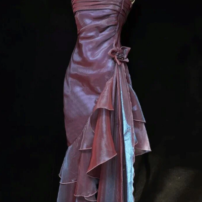Spaghetti strap purple ruffled long evening dresses - Thumbnail 2