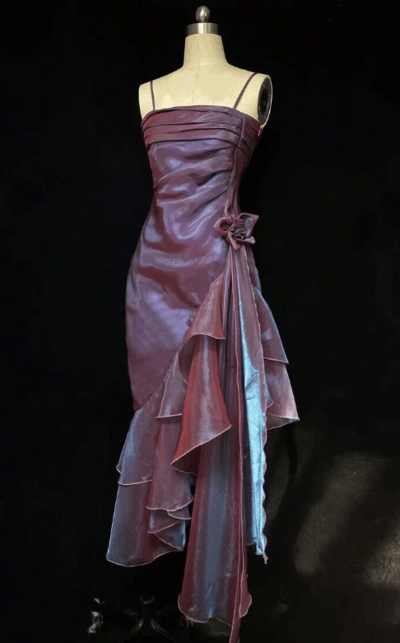Spaghetti Strap Purple Ruffled Long Evening Dresses