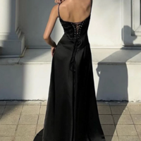 Spaghetti Strap Coffee Satin Long Evening Dresses With Lace Up Back - Thumbnail 2