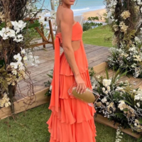 Strapless A Line Orange Satin Layered Long Prom Dresses - Thumbnail 1