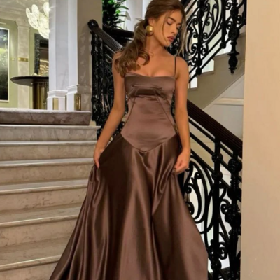 Spaghetti strap coffee satin long evening dresses with lace up back - Thumbnail 1