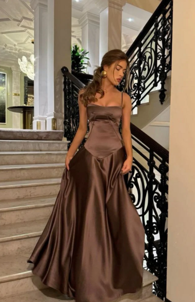 Spaghetti Strap Coffee Satin Long Evening Dresses With Lace Up Back