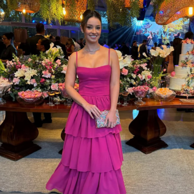 Hot pink spaghetti strap layered long prom dress wedding guest dress - Thumbnail 1