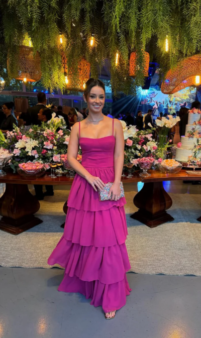 Hot Pink Spaghetti Strap Layered Long Prom Dress Wedding Guest Dress