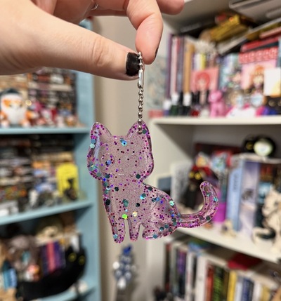 Skeleton Cat Resin Keychain - Fuschia