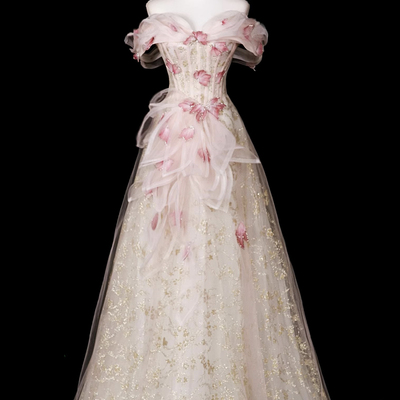 Champagne tulle long a-line prom party dress