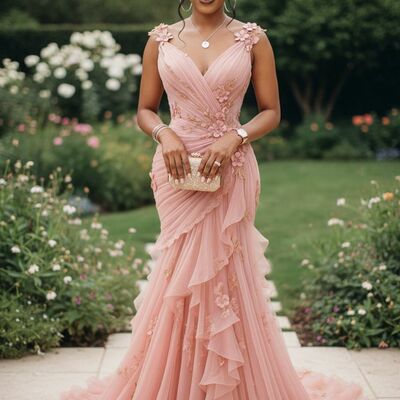 Pink sheath handmade flowers african girls prom dresses evening formal party dress