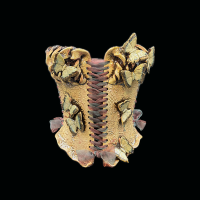 Mother of pearl butterfly wearable ceramic corset by: nicole moan 