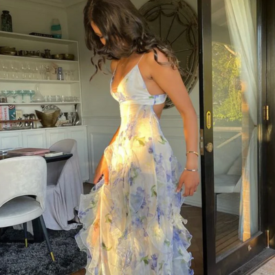 Spaghetti straps a line blue floral party gowns - Thumbnail 3