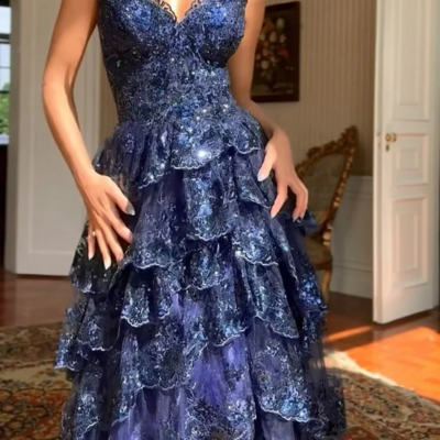 Sweetheart dark navy blue lace sleeveless split prom dresses - Thumbnail 1