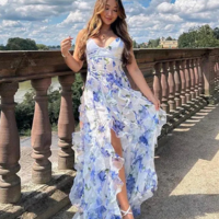 Spaghetti Straps A Line Blue Floral Party Gowns - Thumbnail 1