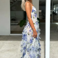 Spaghetti Straps A Line Blue Floral Party Gowns - Thumbnail 2
