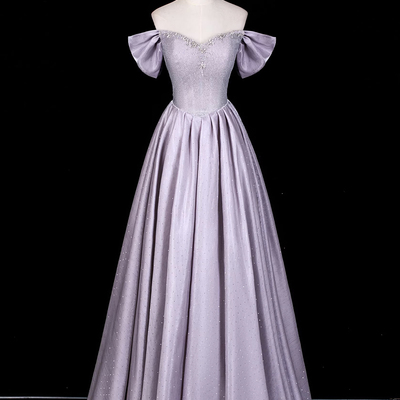 Purple satin beads long prom formal dress
