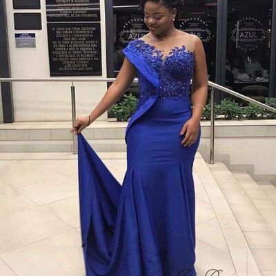 Royal blue mermaid lace african girls prom dresses evening formal party dress