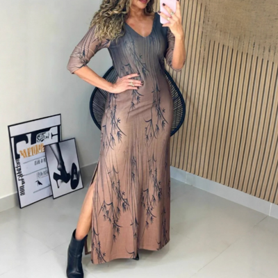 Sexy women's leaf print v-neck dress
