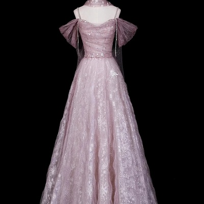 Sparkly dusty pink off-the-shoulder prom dress formal dress with sheer scarf