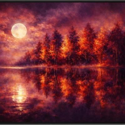 Moonlit autumn forest lake landscape art print