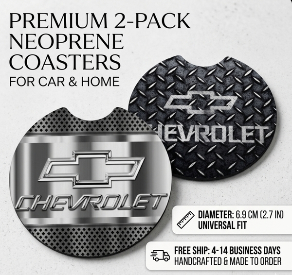​2-Pack Premium Neoprene Car & Home Coasters - 6.9cm Universal Fit - Metallic Chevrolet Diamond Plate Design - Handcrafted Made to Order