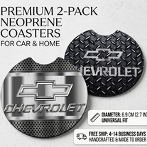 ​2-Pack Premium Neoprene Car & Home Coasters - 6.9cm Universal Fit - Metallic Chevrolet Diamond Plate Design - Handcrafted Made to Order