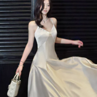 Light Pink Spaghetti Strap A Line Satin Long Prom Dresses - Thumbnail 1