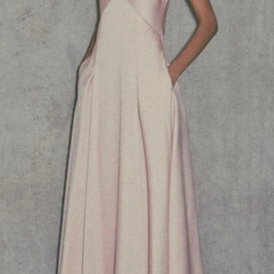 Light pink spaghetti strap a line satin long prom dresses - Thumbnail 1
