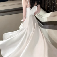 Light Pink Spaghetti Strap A Line Satin Long Prom Dresses - Thumbnail 2