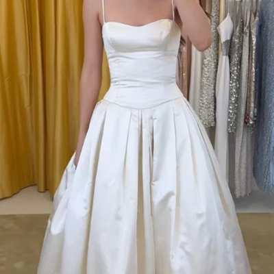 A line spaghetti straps ivory stain lace prom dresses