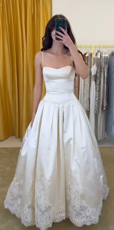 A Line Spaghetti Straps Ivory Stain Lace Prom Dresses