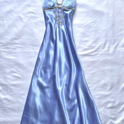 Modest halter a line blue satin formal evening dress with beading