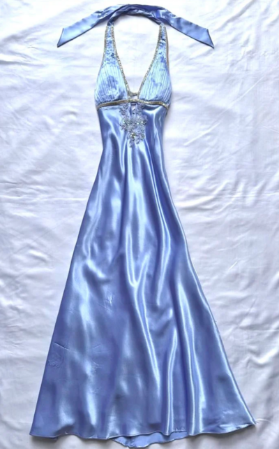 Modest Halter A Line Blue Satin Formal Evening Dress With Beading