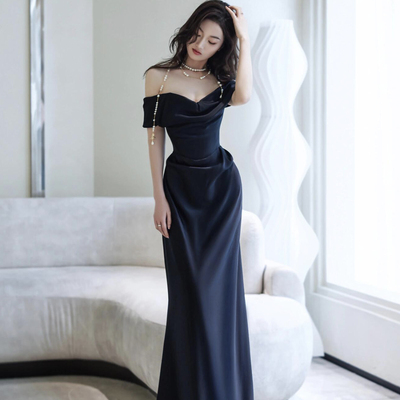 Black satin off-the-shoulder evening gown
