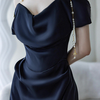 Black Satin Off-the-Shoulder Evening Gown - Thumbnail 1