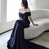 Black Satin Off-the-Shoulder Evening Gown - Thumbnail 3