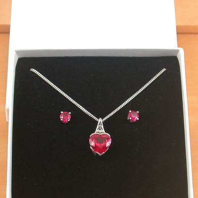 Boxed gift set/sterling silver ruby lab created heart pendant & chain/ruby necklace/ruby jewellery/ruby jewelry/july birthstone/uk
