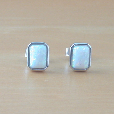 Sterling silver white opal lab created rectangle earrings/opal earrings/opal studs/opal jewellery/opal jewelry/gemstone earrings/uk