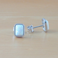Sterling Silver White Opal Lab Created Rectangle Earrings/Opal Earrings/Opal Studs/Opal Jewellery/Opal Jewelry/Gemstone Earrings/UK - Thumbnail 1