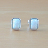 Sterling Silver White Opal Lab Created Rectangle Earrings/Opal Earrings/Opal Studs/Opal Jewellery/Opal Jewelry/Gemstone Earrings/UK - Thumbnail 4