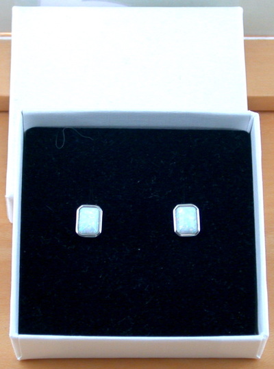 BOXED GIFT/Sterling Silver White Opal Lab Created Rectangle Earrings/Opal Earrings/Opal Studs/Opal Jewellery/Opal Jewelry/Gemstone Earrings/UK
