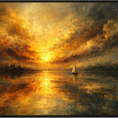 Golden sunset sailboat wall art print coastal nautical decor