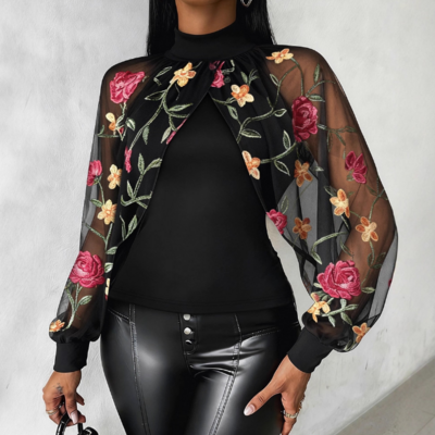 Floral embroidery mesh splicing long sleeved top