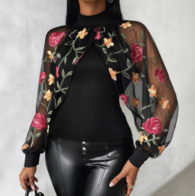Floral Embroidery Mesh Splicing Long Sleeved Top