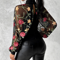 Floral Embroidery Mesh Splicing Long Sleeved Top - Thumbnail 1